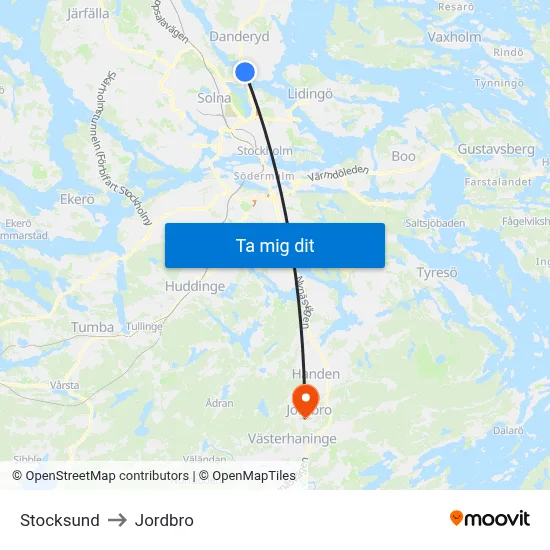 Stocksund to Jordbro map