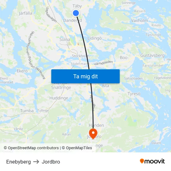 Enebyberg to Jordbro map