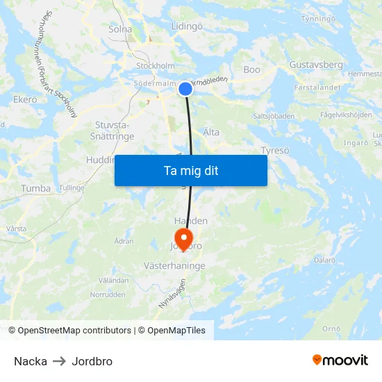 Nacka to Jordbro map