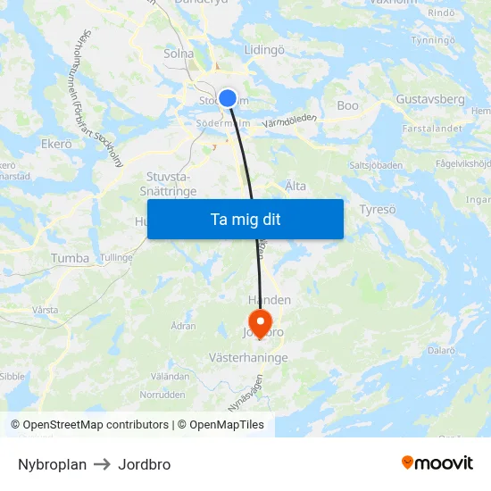 Nybroplan to Jordbro map