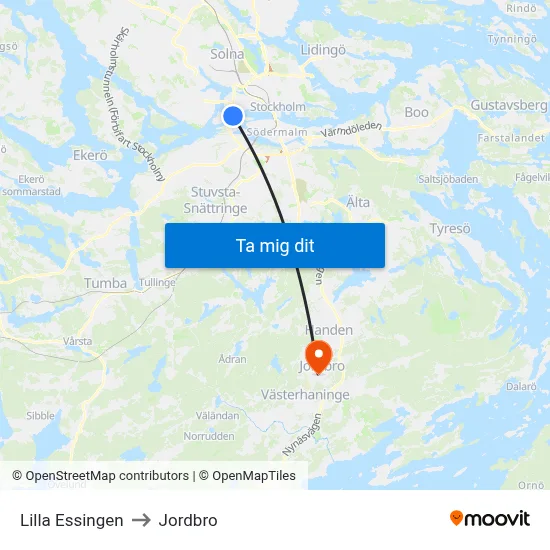 Lilla Essingen to Jordbro map
