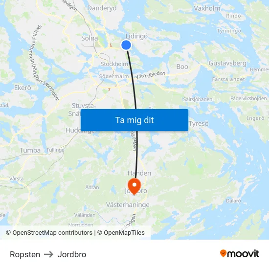 Ropsten to Jordbro map
