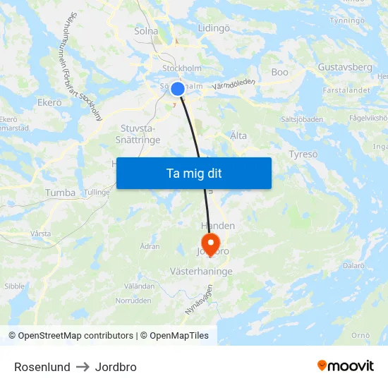 Rosenlund to Jordbro map