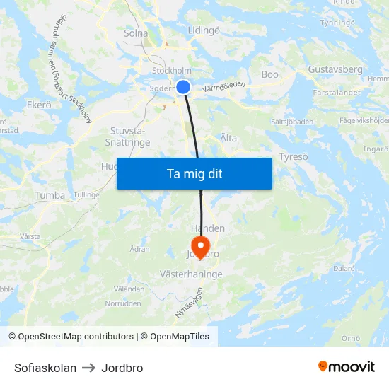 Sofiaskolan to Jordbro map