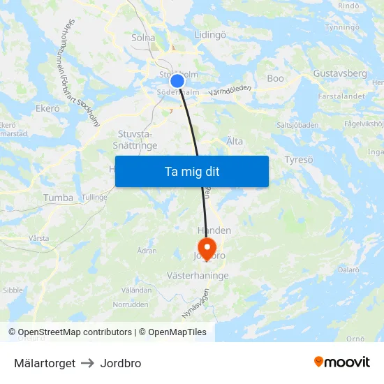 Mälartorget to Jordbro map