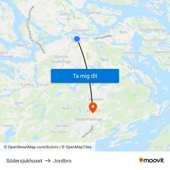 Södersjukhuset to Jordbro map
