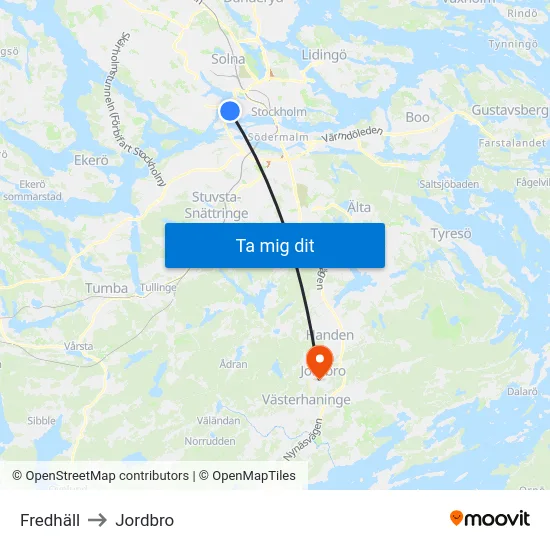 Fredhäll to Jordbro map