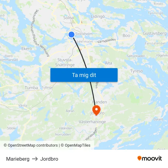 Marieberg to Jordbro map