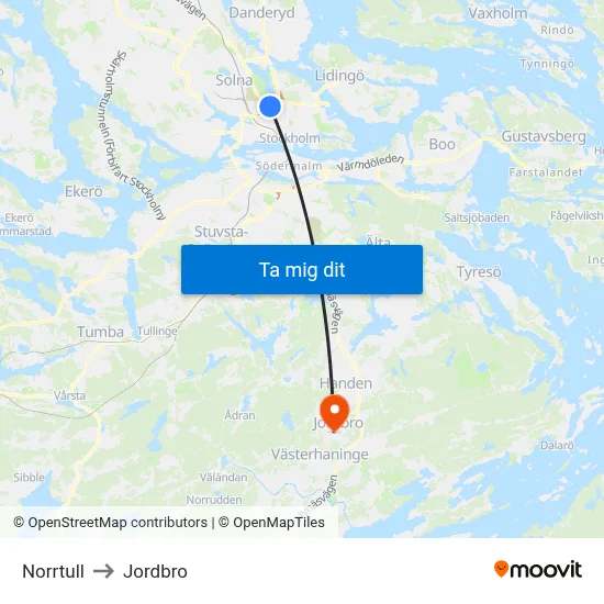 Norrtull to Jordbro map