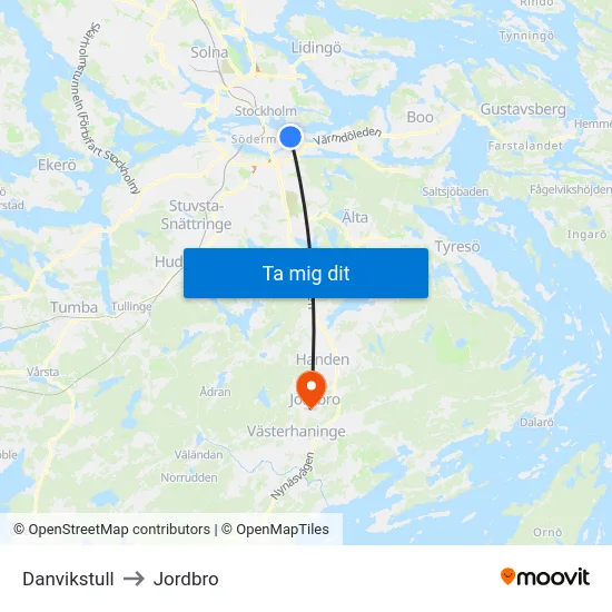 Danvikstull to Jordbro map
