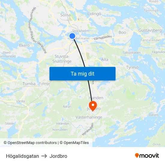 Högalidsgatan to Jordbro map