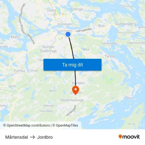 Mårtensdal to Jordbro map