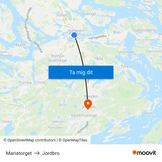 Mariatorget to Jordbro map