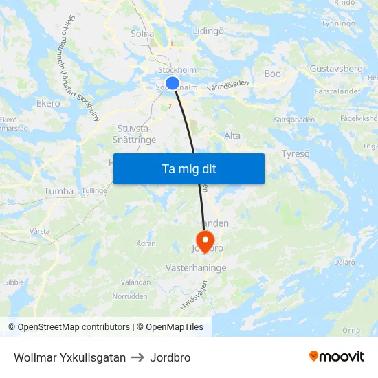 Wollmar Yxkullsgatan to Jordbro map