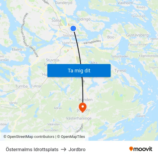Östermalms Idrottsplats to Jordbro map
