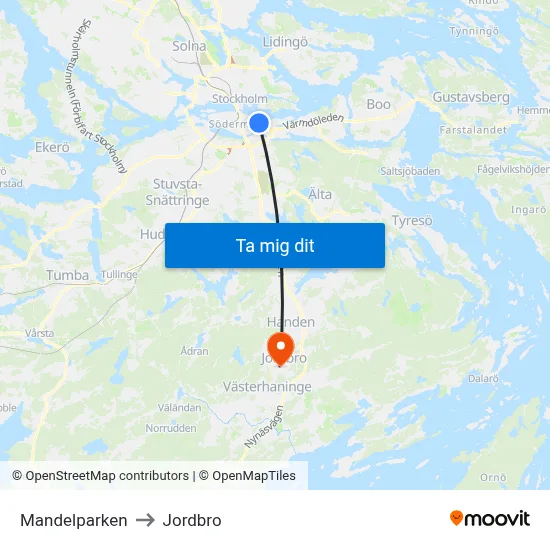 Mandelparken to Jordbro map