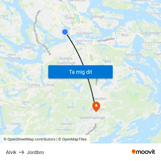 Alvik to Jordbro map