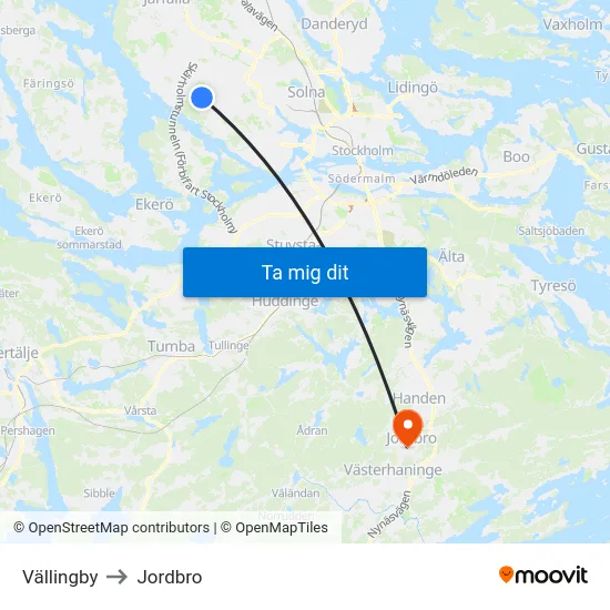 Vällingby to Jordbro map
