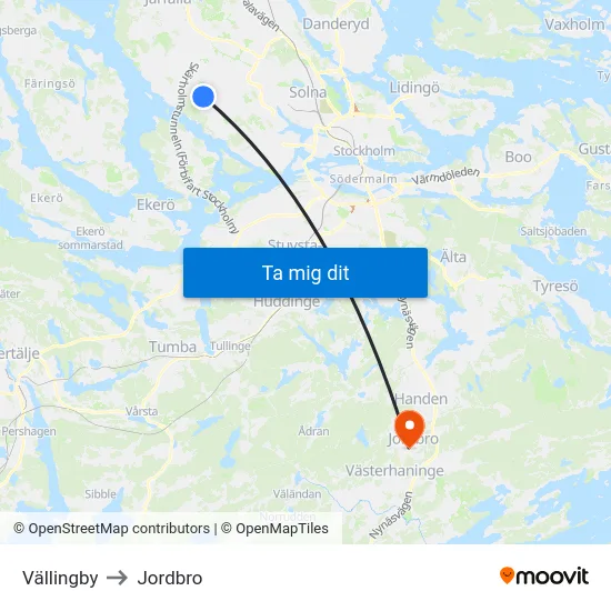 Vällingby to Jordbro map