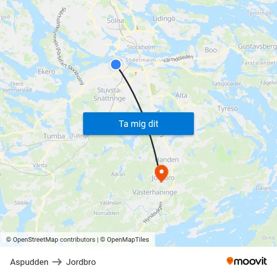 Aspudden to Jordbro map