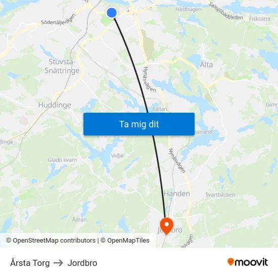 Årsta Torg to Jordbro map