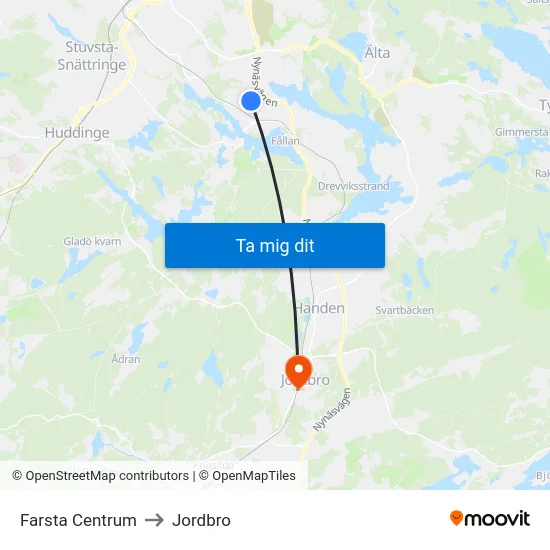Farsta Centrum to Jordbro map