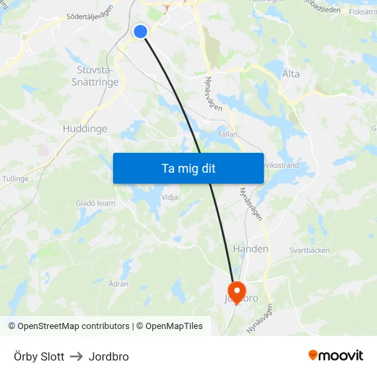 Örby Slott to Jordbro map