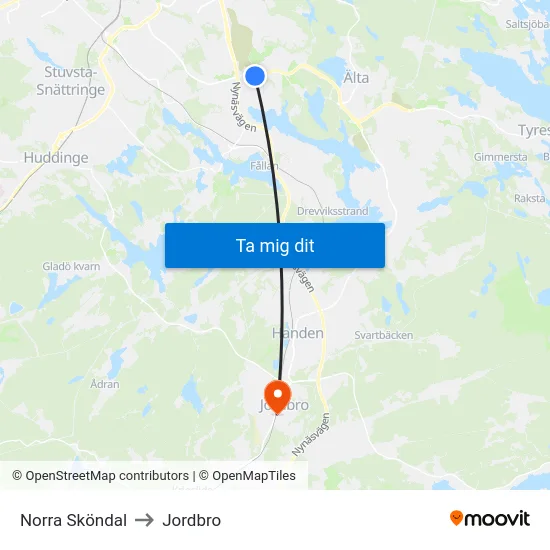 Norra Sköndal to Jordbro map