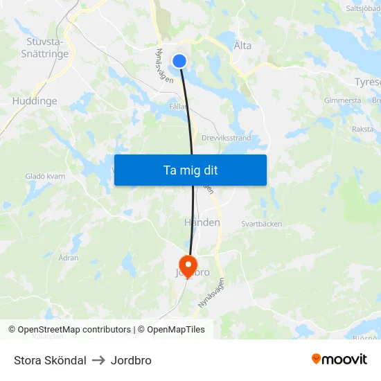 Stora Sköndal to Jordbro map