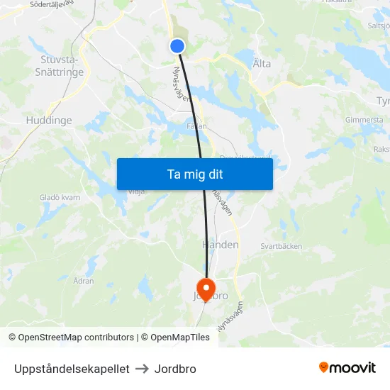 Uppståndelsekapellet to Jordbro map