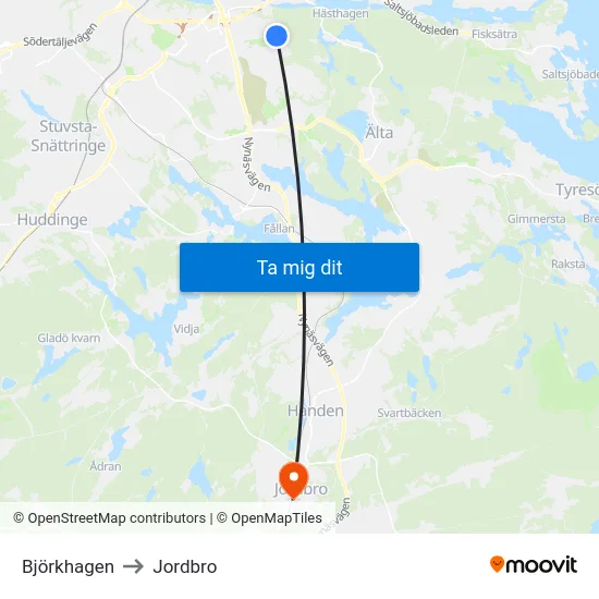 Björkhagen to Jordbro map