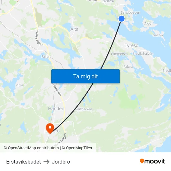 Erstaviksbadet to Jordbro map