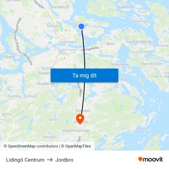 Lidingö Centrum to Jordbro map