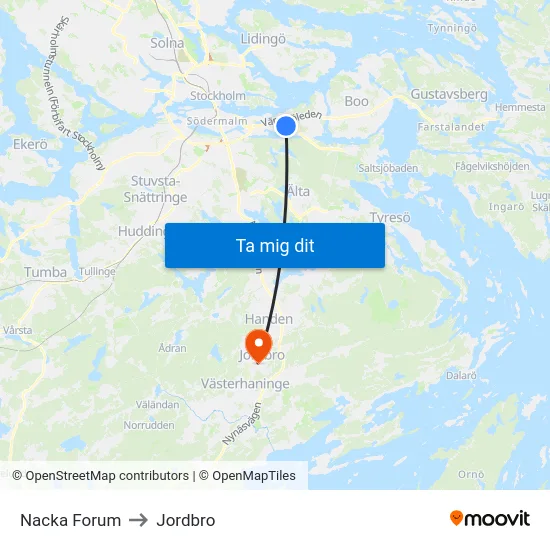Nacka Forum to Jordbro map