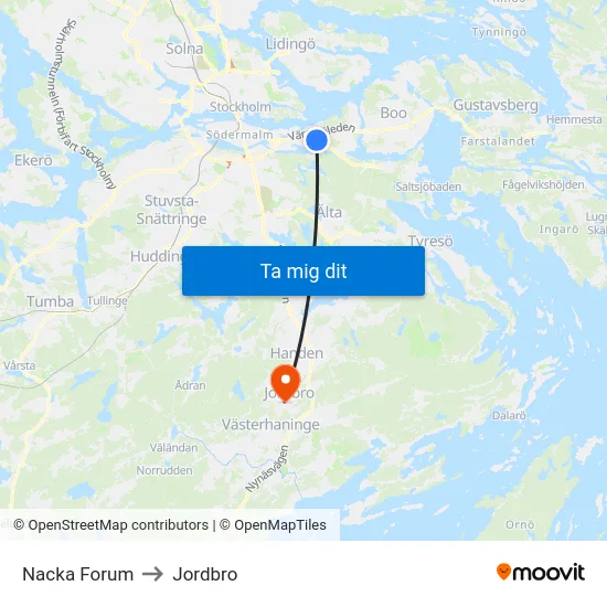 Nacka Forum to Jordbro map