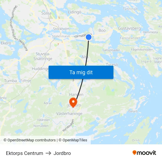 Ektorps Centrum to Jordbro map