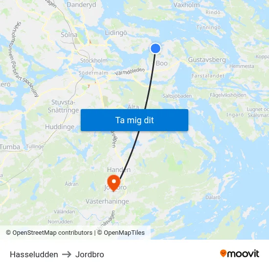 Hasseludden to Jordbro map