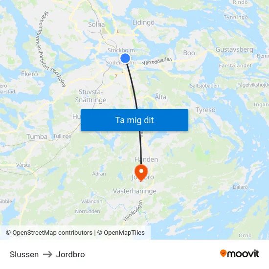 Slussen to Jordbro map