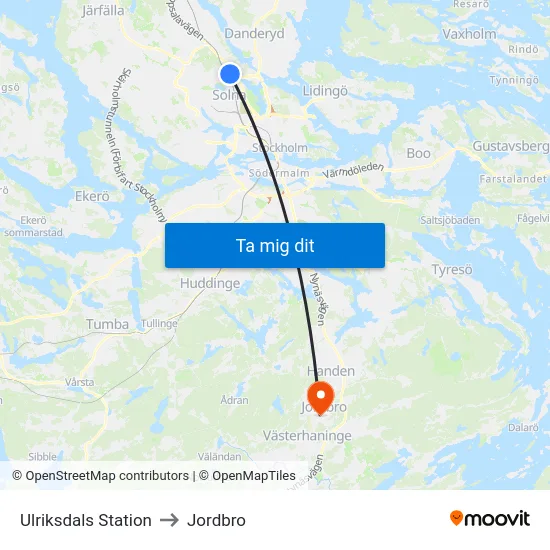 Ulriksdals Station to Jordbro map