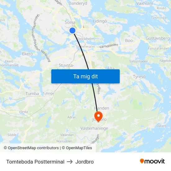 Tomteboda Postterminal to Jordbro map