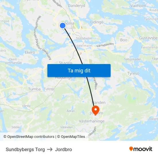 Sundbybergs Torg to Jordbro map