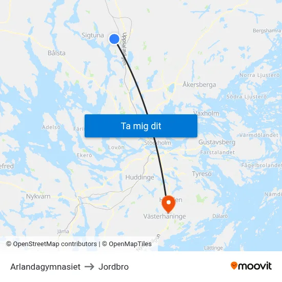 Arlandagymnasiet to Jordbro map