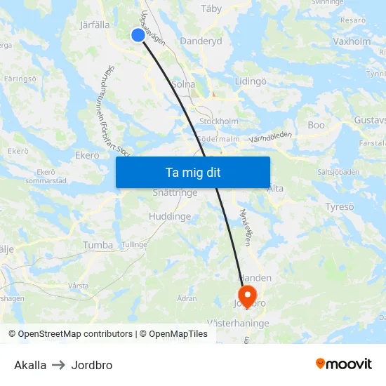 Akalla to Jordbro map