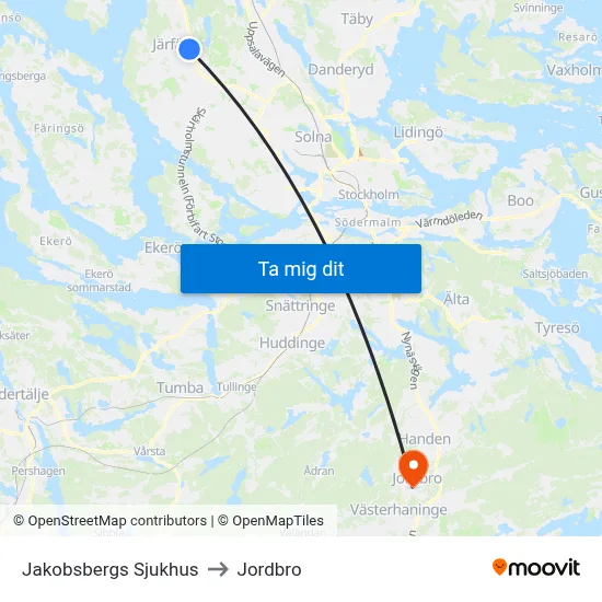 Jakobsbergs Sjukhus to Jordbro map