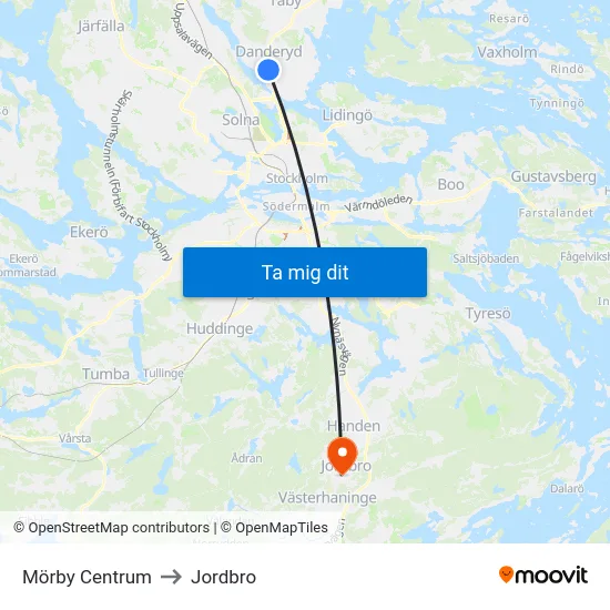 Mörby Centrum to Jordbro map