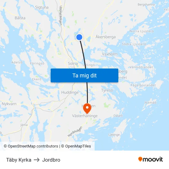 Täby Kyrka to Jordbro map