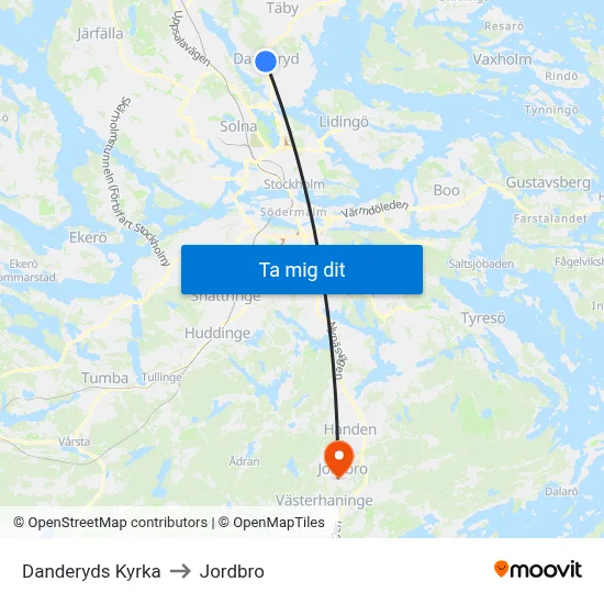 Danderyds Kyrka to Jordbro map