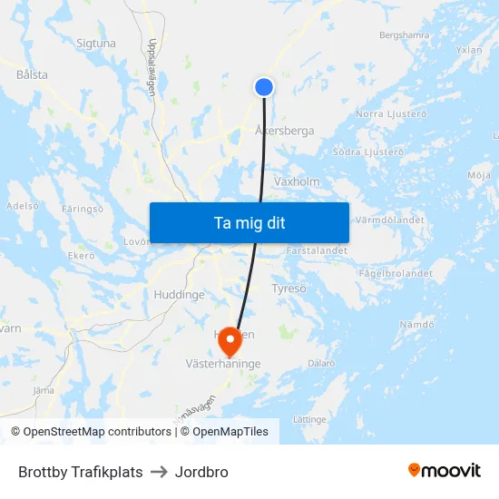 Brottby Trafikplats to Jordbro map