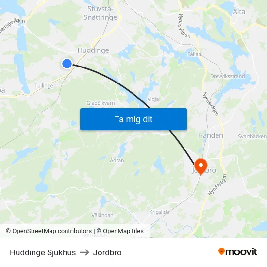 Huddinge Sjukhus to Jordbro map
