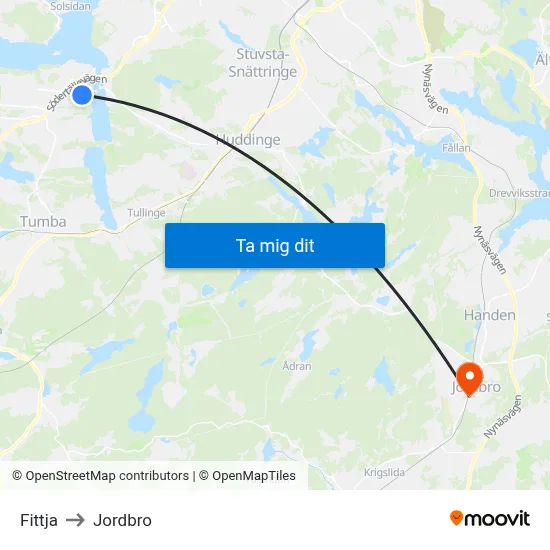 Fittja to Jordbro map